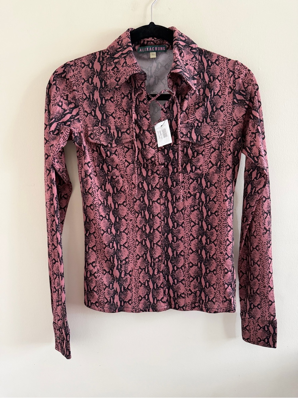 New! Alexa Chung Pink Snake-Print Long Sleeve Blouse